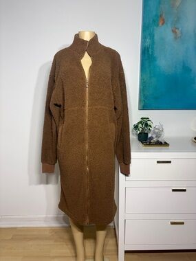Fashion Nova Brown Teddy Zip-Front Long Coat